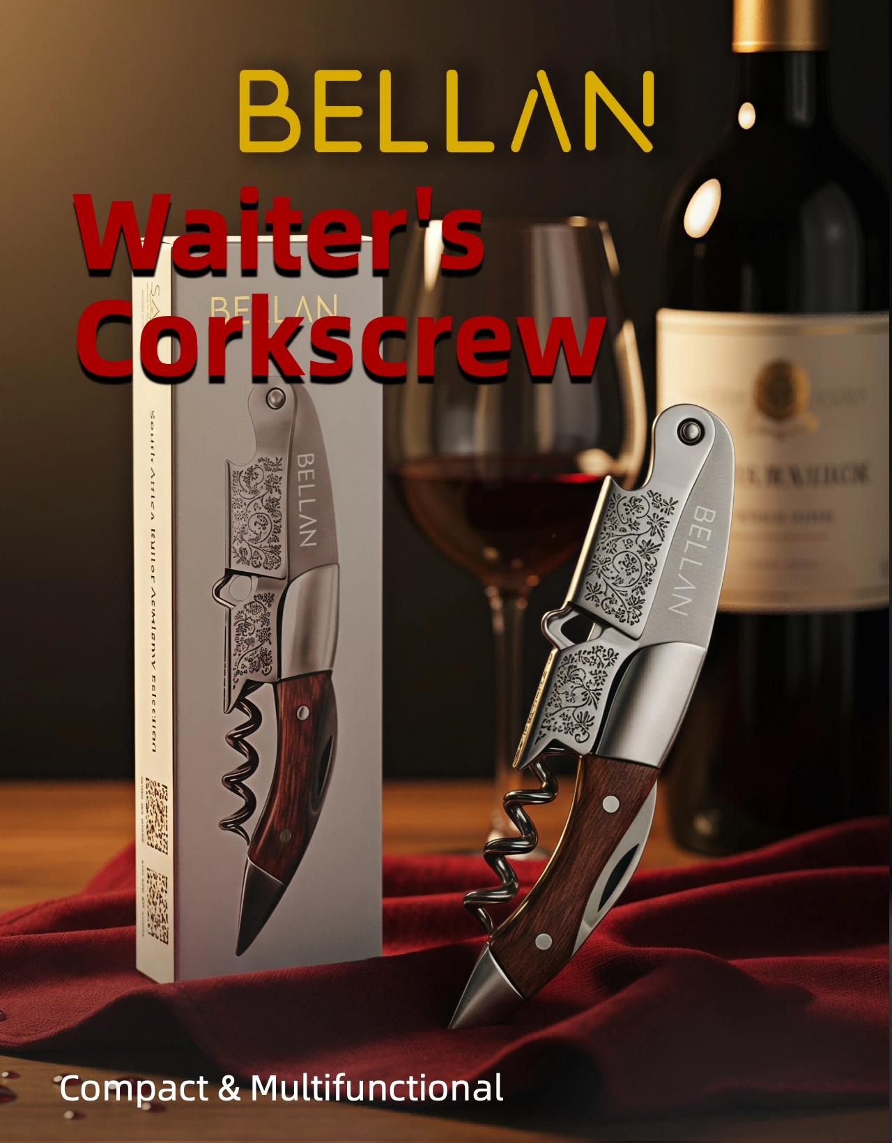 Bellan Sommelier Corkscrew — 420J2 stainless steel & rosewood wine opener for professional table service in South Africa