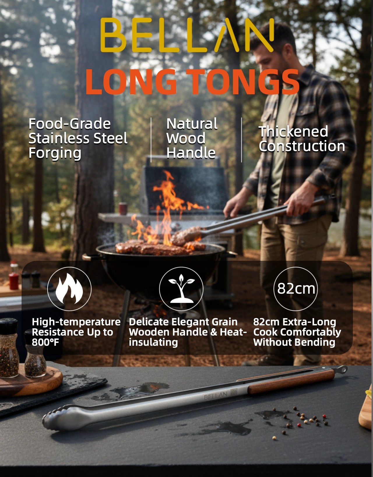 BELLAN 82cm long handle braai tongs — food-safe stainless steel with wooden grip for South African braais and professional BBQs