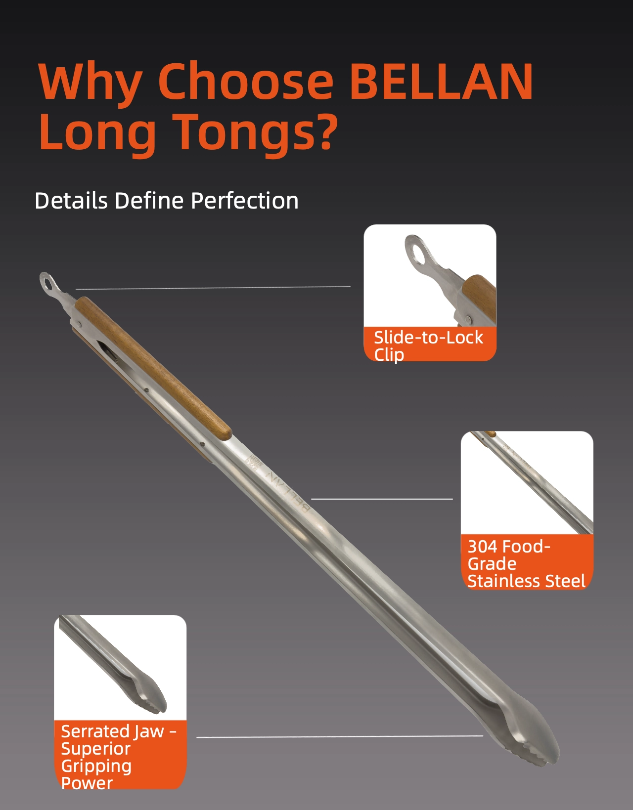 BELLAN 82cm long handle braai tongs — food-safe stainless steel with wooden grip for South African braais and professional BBQs