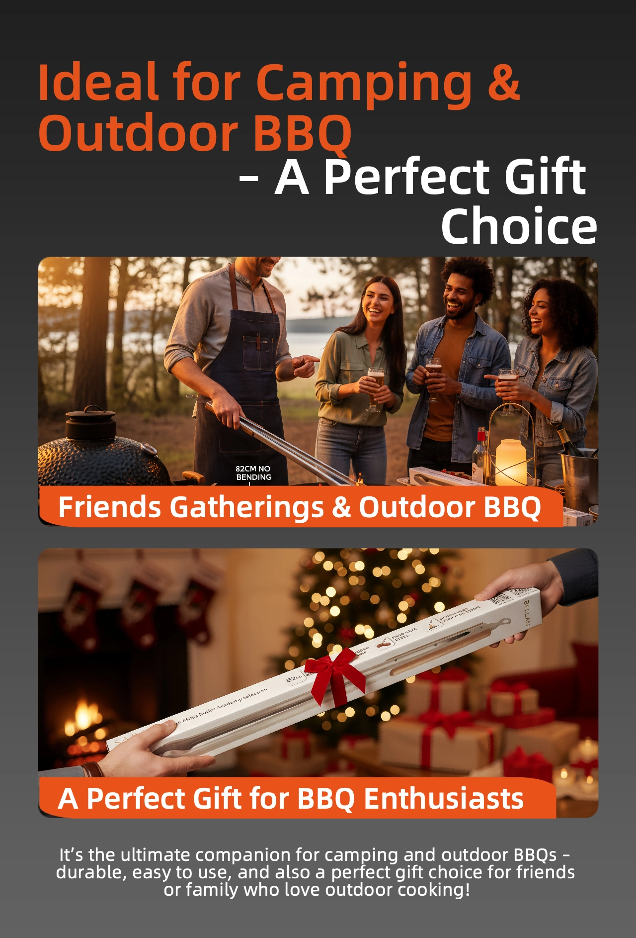 BELLAN 82cm long handle braai tongs — food-safe stainless steel with wooden grip for South African braais and professional BBQs