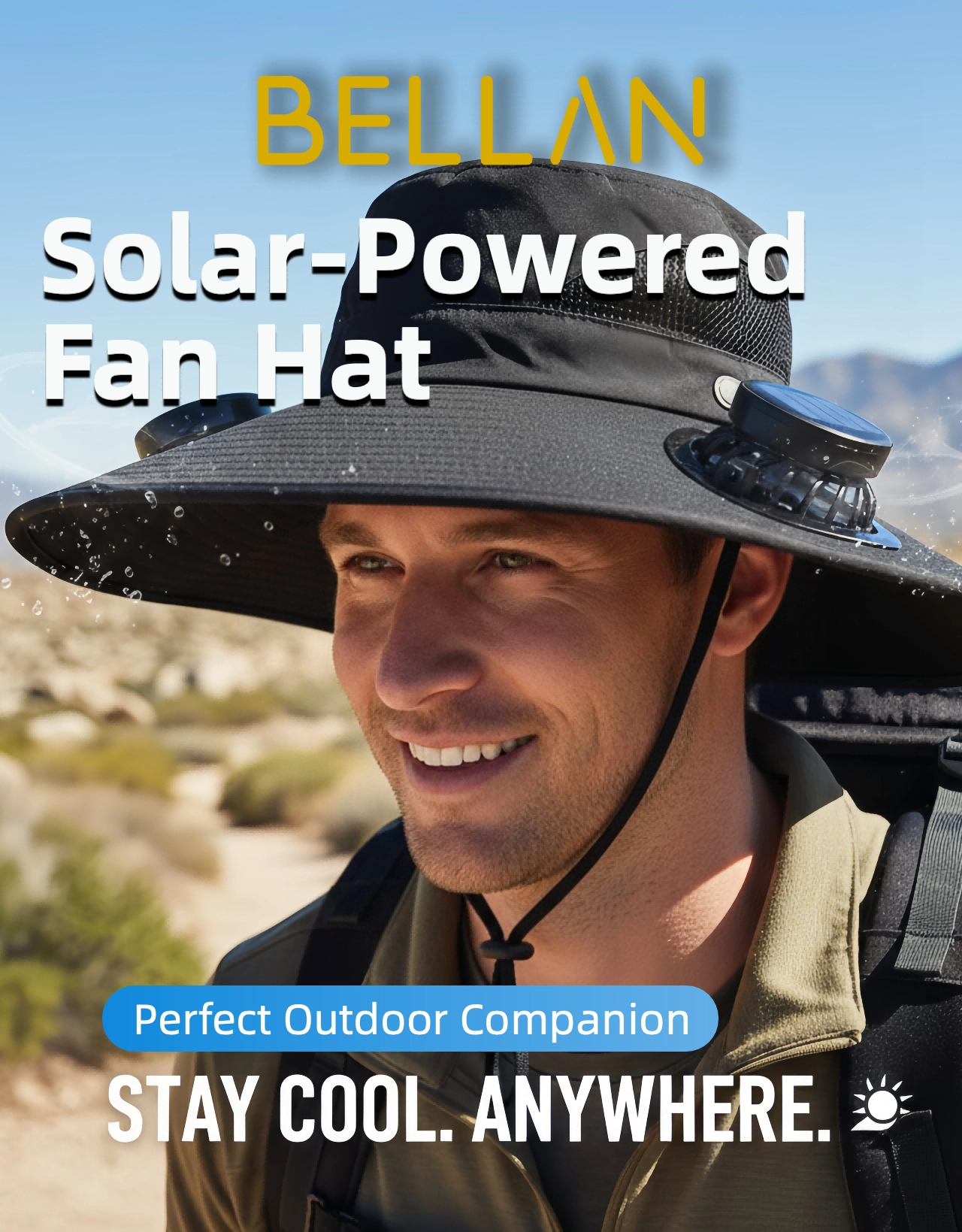 BELLAN solar-powered fan hat — 3-speed built-in fan, solar panel & USB charging with UV protection for outdoor use in South Africa