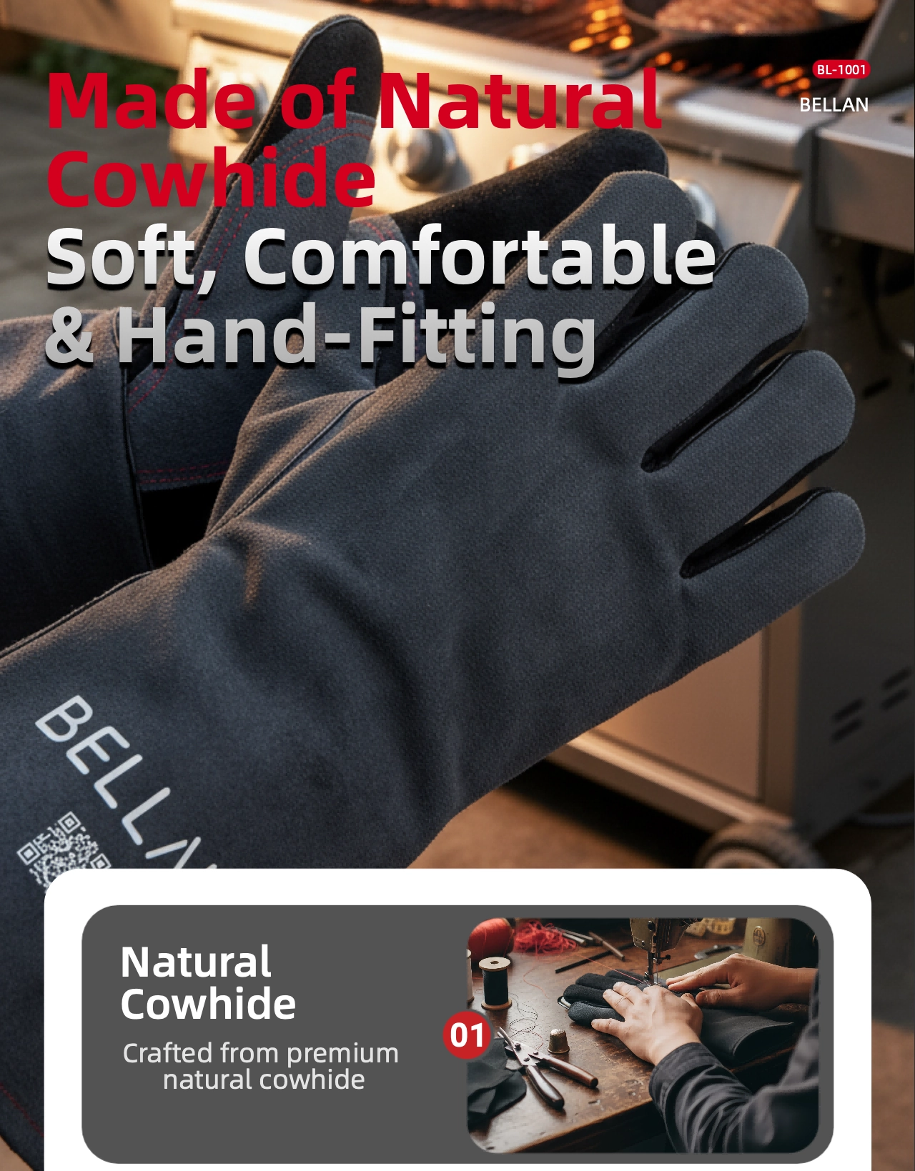 BELLAN Fireproof Braai Gloves — natural cowhide heat and cut resistant BBQ gloves for South African braais