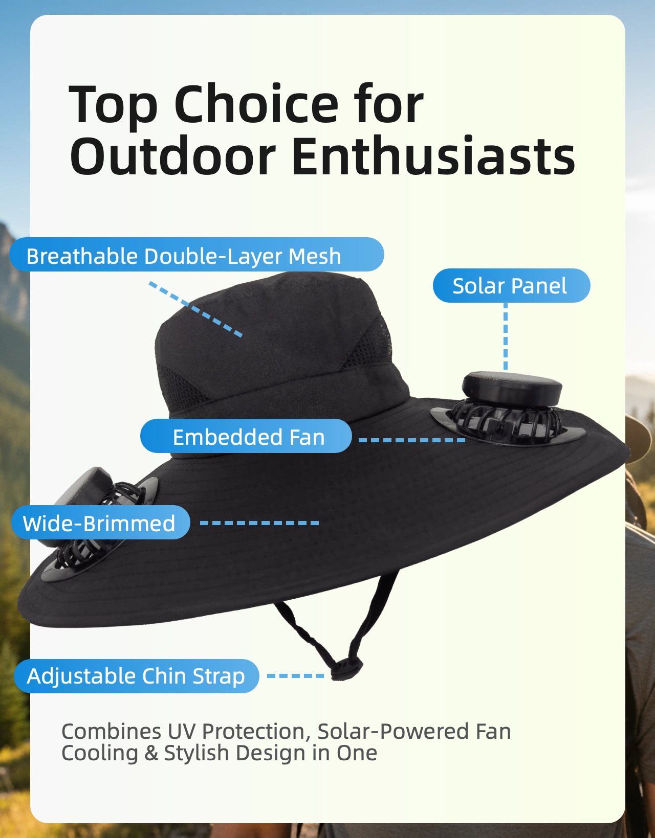 BELLAN solar-powered fan hat — 3-speed built-in fan, solar panel & USB charging with UV protection for outdoor use in South Africa