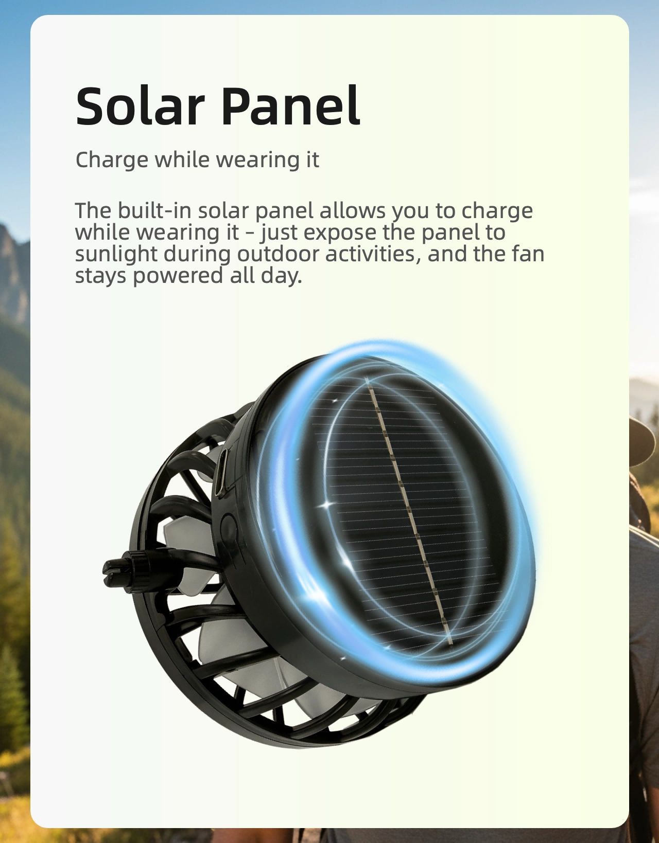 BELLAN solar-powered fan hat — 3-speed built-in fan, solar panel & USB charging with UV protection for outdoor use in South Africa