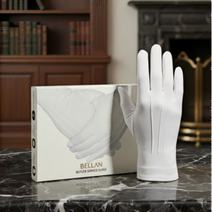 ELLAN Butler Gloves — 100% cotton white service gloves with button closure and three-stitch back detail for professional table service in South Africa